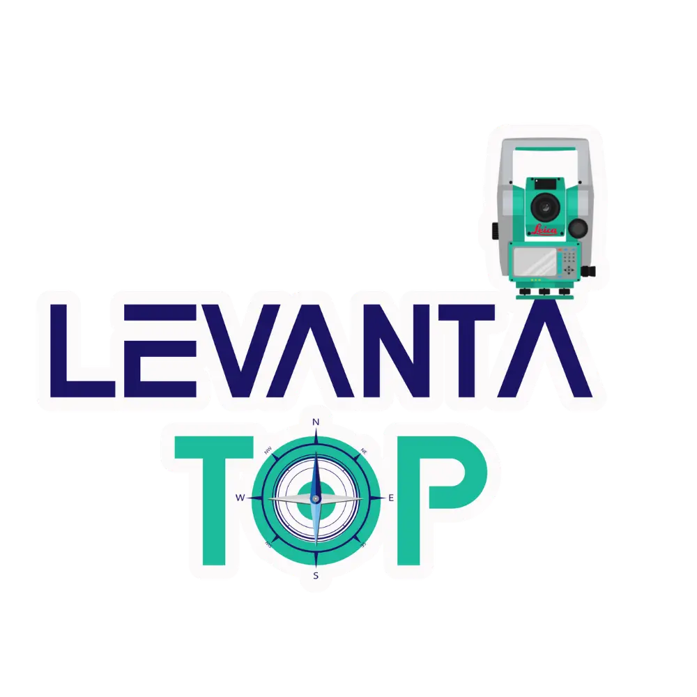 Logo de Levantatop que incluye una brújula y un aparato topográfico entre sus letras como símbolos.